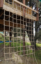 Load image into Gallery viewer, Climbing Net  8&quot; Squares Pro Manila Affordable Quality - picture in use - shows use of top loops to mount to 2x4 - different angle 3